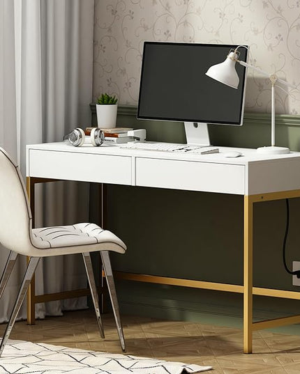 Treocho Computer Desk with USB Charging Ports and Power Outlets, Modern Simple 47 inch Vanity Desk with 2 Drawers, Makeup Table for Home Office, Bedroom, White and Gold - LeafyLoom