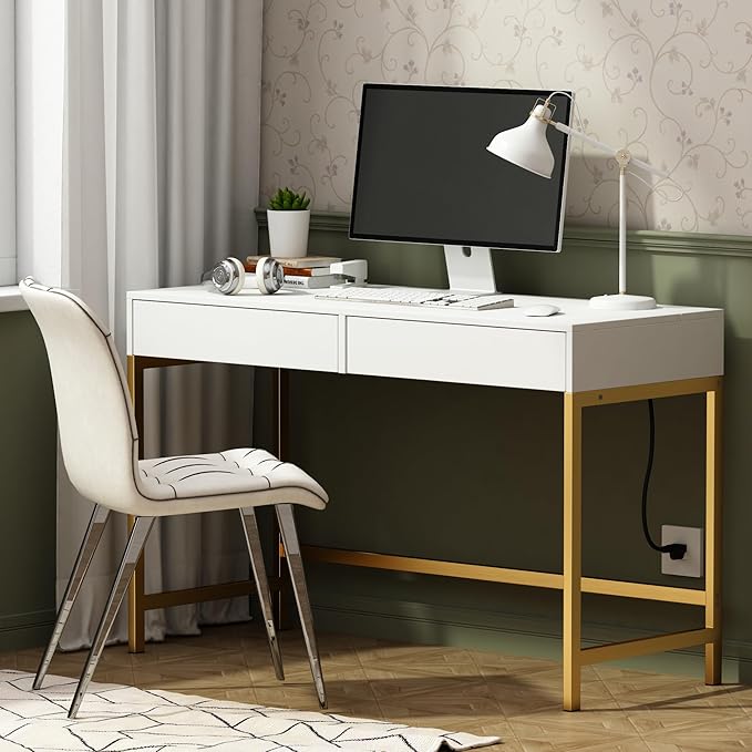 Treocho Computer Desk with USB Charging Ports and Power Outlets, Modern Simple 47 inch Vanity Desk with 2 Drawers, Makeup Table for Home Office, Bedroom, White and Gold - LeafyLoom