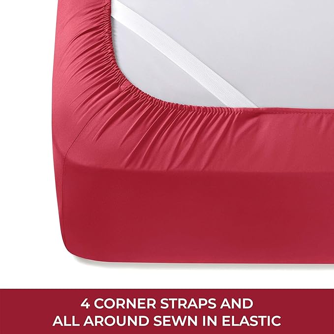 Mellanni RV Short Queen Sheets - 4 PC Iconic Collection Bedding Sheets & Pillowcases - Hotel Luxury, Extra Soft, Cooling Bed Sheets - Deep Pocket up to 10 inch (RV/Short Queen, Brick Red) - LeafyLoom