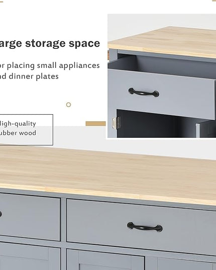 Solid Wood Top, Mobile Carts with Storage Cabinet, Rolling Kitchen Table w/Spice, Towel Rack, and Drawer, Portable Islands on Wheels, Gray, 54.33 Inch - LeafyLoom