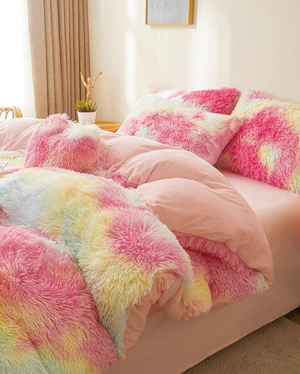 FOPPA Rainbow Plush Comforter Cover Set, 3 Pieces (Queen, Tie-Dye), Ultra Soft Faux Fur Bedding - LeafyLoom