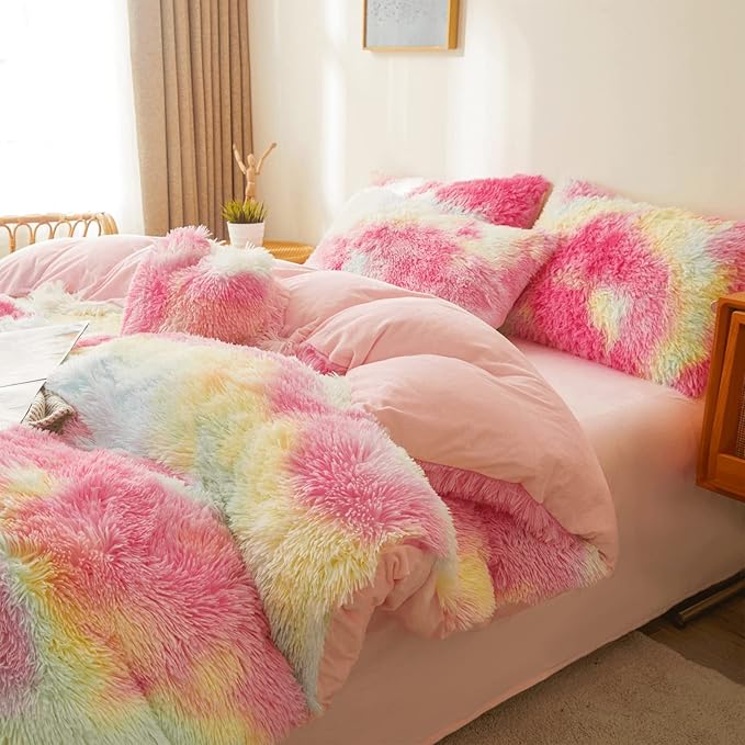 FOPPA Rainbow Plush Comforter Cover Set, 3 Pieces (Queen, Tie-Dye), Ultra Soft Faux Fur Bedding - LeafyLoom