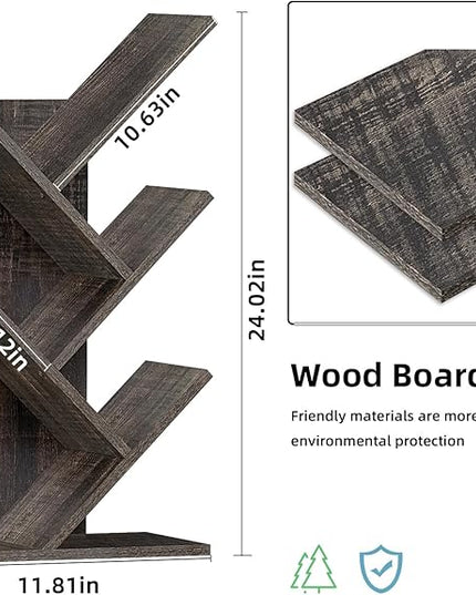 5 Tier Tree Book Shelf, Small Desktop Bookshelf with Storage Organizer, Wood Bookcase, Desk Display Bookshelves, Floor Standing Organizer Bookcases for Living Room,Bedroom,Office-Dark Grey - LeafyLoom