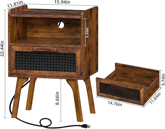 Lerliuo Rattan Nightstand with Charging Station, Side Table with Drawer Open Shelf, Cane Accent Bedside End Table with Solid Wood Legs, Night Stand for Bedroom, Dorm and Small Spaces (Brown) - LeafyLoom