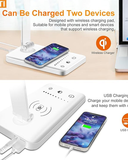 LED Desk Lamp with Wireless charging，Dimmable Desk Light, 5 Light Colors, 6 Brightness Levels, Touch Control Table Lamp with USB Rechargeable,Auto Timer, for College Dorm, Home, Office - LeafyLoom