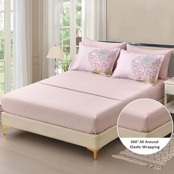 Pink Colorful Comforter Set King Size 7 Piece Floral Bed in a Bag Comforter for All Season Soft Microfiber Bedding Set for Teen Girls Women (103"×90") - LeafyLoom