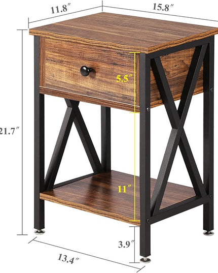 VECELO Night Stands for Bedroom Nightstand Bedside End Tables with Drawer Storage, (Set of 2), Rustic Brown - LeafyLoom