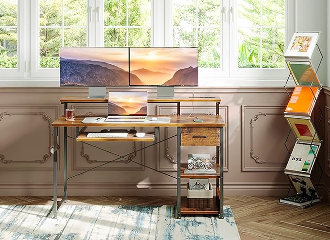 AODK Computer Desk with Keyboard Tray, 48 Inch Office Desk with Power Outlet, Work Desk with Drawer, Reversible Desk with Adjustable Monitor Shelf and Storage Shelf for Home, Rustic Brown - LeafyLoom