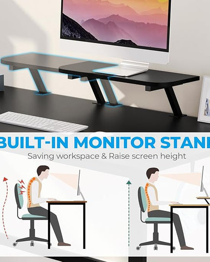 GreenForest Computer Desk 67 inch with Storage Printer Shelf, Reversible Gaming Home Office Desk Large Study Writing Table with Movable Monitor Stand and 2 Headphone Hooks for PC Working, Black - LeafyLoom