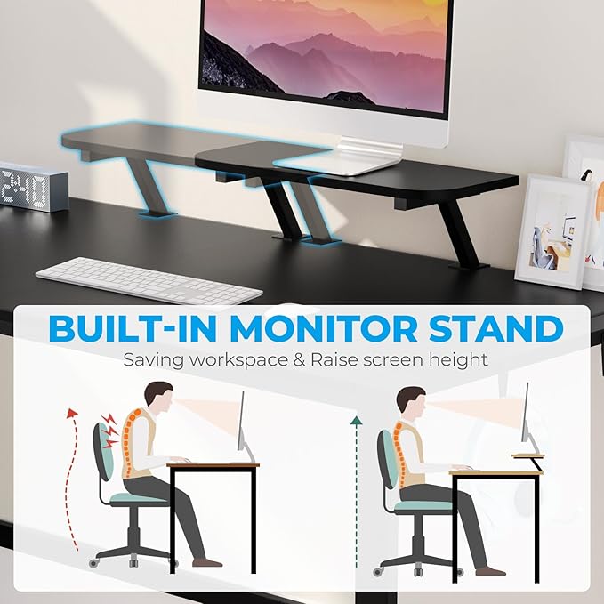 GreenForest Computer Desk 67 inch with Storage Printer Shelf, Reversible Gaming Home Office Desk Large Study Writing Table with Movable Monitor Stand and 2 Headphone Hooks for PC Working, Black - LeafyLoom