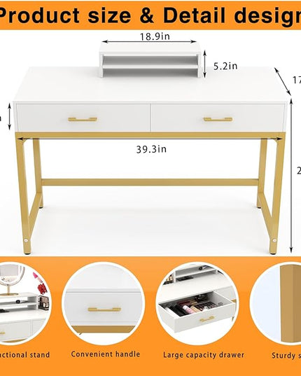 WESTREE Women Makeup Vanity Desk with 2 Drawers - Bedroom Home Office Desk, Wooden Height Monitor Stand & Storage Shelf without Mirror, White Table Great Gift for Her - LeafyLoom