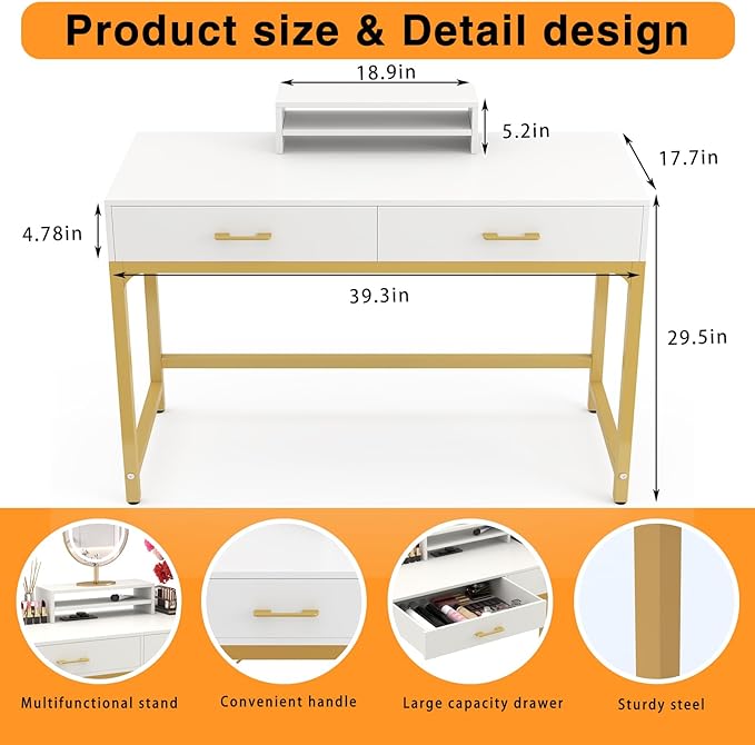 WESTREE Women Makeup Vanity Desk with 2 Drawers - Bedroom Home Office Desk, Wooden Height Monitor Stand & Storage Shelf without Mirror, White Table Great Gift for Her - LeafyLoom