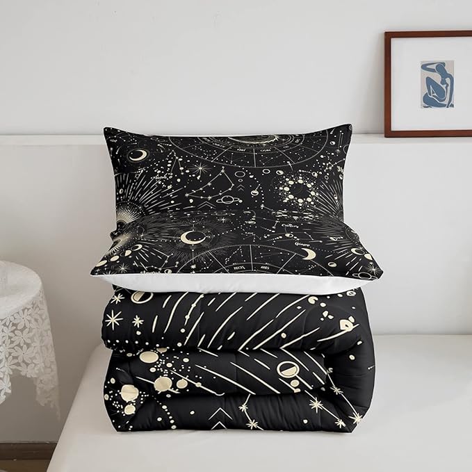 Feelyou Sun and Moon Comforter Set Boho Exotic Bedding Set Galaxy Astrology Comforter for Boys Girls Children Teens Bedroom Decor Chic Cute Luxury Zodiac Signs Duvet Set Queen Size Quilt Set - LeafyLoom