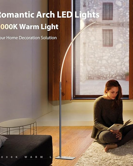 Arc Corner Floor Lamp - 3000K Warm White & 3 Brightness Presets - Curved LED Standing Lamp with Touch Switch - 63" Modern Floor Lamp for Living Room, Bedroom (Silver) - LeafyLoom