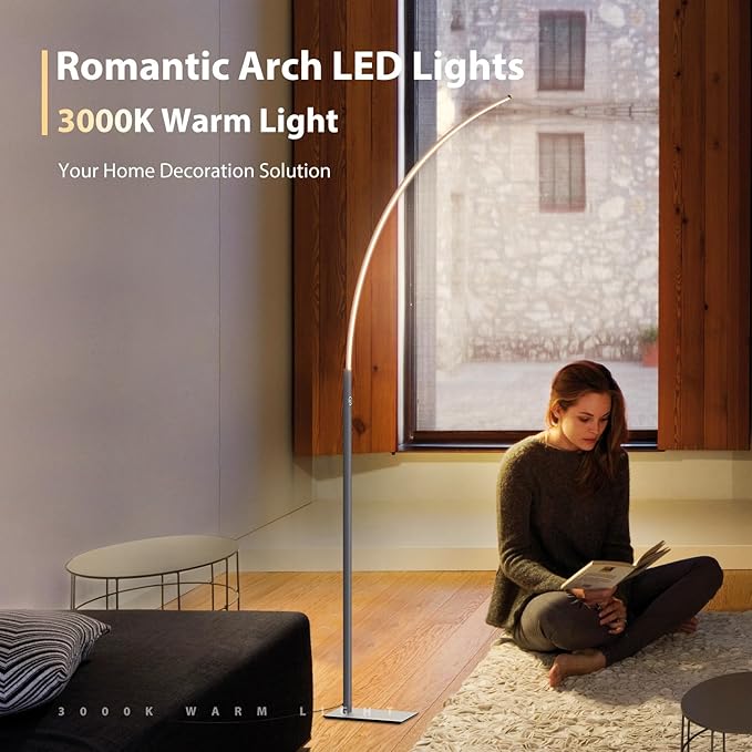 Arc Corner Floor Lamp - 3000K Warm White & 3 Brightness Presets - Curved LED Standing Lamp with Touch Switch - 63" Modern Floor Lamp for Living Room, Bedroom (Silver) - LeafyLoom