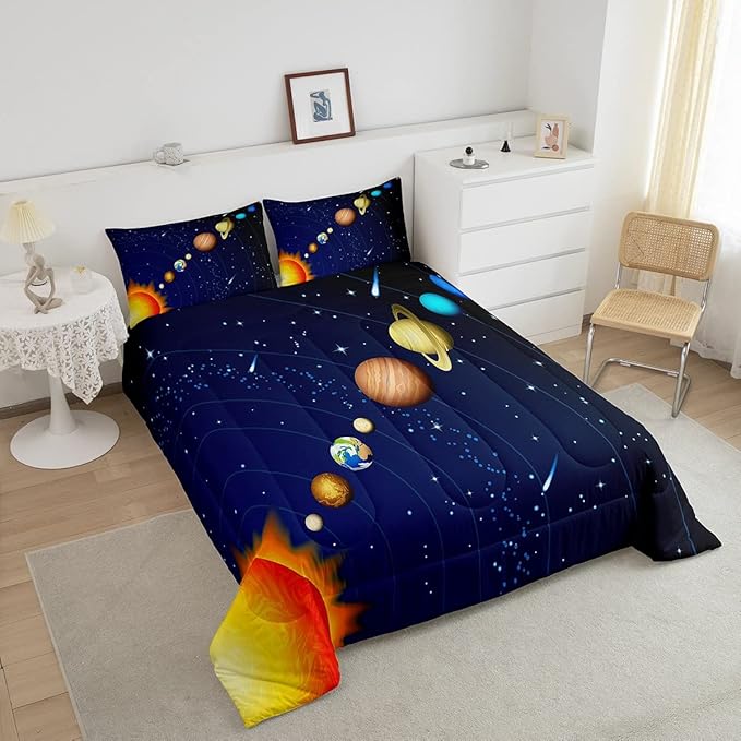 Erosebridal Boys Outer Space Down Comforter, Kids Galaxy Nebula Comforter Set King Size, Starry Sky Cosmos Bedding Set for Children Girls, Solar System Starry Landscape Quilted Duvet, Blue Purple - LeafyLoom