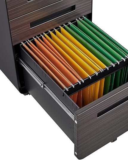 3 Drawer Mobile Desk Office with Lock and Wheels,Versatile Storage Cabinets w/Anti-Tilting Cold Rolled Steel Waterproof Moisture-Proof,for Legal/Letter/A4 Files,Dark Brown - LeafyLoom