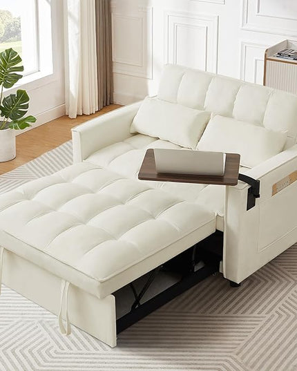 3 in 1 Loveseat Sofa Bed, Pull Out Couch Sleeper with Storage, Full Size Velvet Convertible Chair with 2 Pockets & 2 Pillows for Living Room, White - LeafyLoom