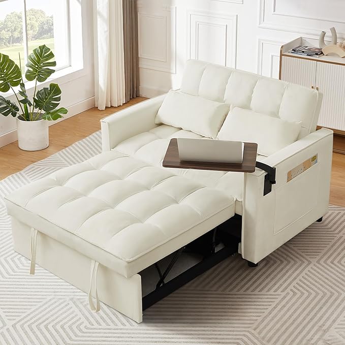 3 in 1 Loveseat Sofa Bed, Pull Out Couch Sleeper with Storage, Full Size Velvet Convertible Chair with 2 Pockets & 2 Pillows for Living Room, White - LeafyLoom