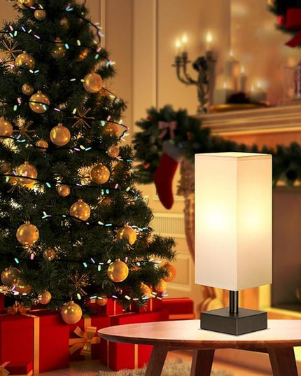 White Small Bedside Lamp for Bedroom - Table Lamps for Nightstand, Minimalist Night Stand Lamp with Square Linen Shade, Desk Reading Lamp for Kids Room Living Room Office with Black Base - LeafyLoom
