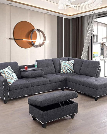 Modern Linen Living Room Furniture Set,L-Shaped Modular Upholstered 6 Seaters Sectional Sofa Couch W/2 Cup Holders & Storage Ottoman for Small Apartment, 1, Dark Gray-c - LeafyLoom