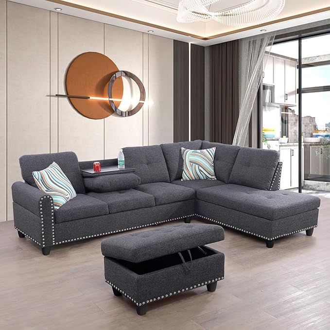 Modern Linen Living Room Furniture Set,L-Shaped Modular Upholstered 6 Seaters Sectional Sofa Couch W/2 Cup Holders & Storage Ottoman for Small Apartment, 1, Dark Gray-c - LeafyLoom