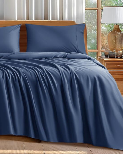 Shilucheng 100% Cotton King Size Sheets Set - 600 Thread Count，Luxury Egyptian Cotton Bed Sheets，5-Star Hotel Quality Sheets, Breathable & Cooling, 16 Inch Deep Pocket - 4 Piece (Navy Blue, King) - LeafyLoom