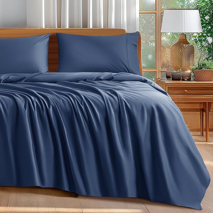 Shilucheng 100% Cotton Sheets Set - 600 Thread Count，Luxury Egyptian Cotton Bed Sheets，5-Star Hotel Quality Sheets, Breathable & Cooling, 16 Inch Deep Pocket - 4 Piece (Navy Blue, California King) - LeafyLoom