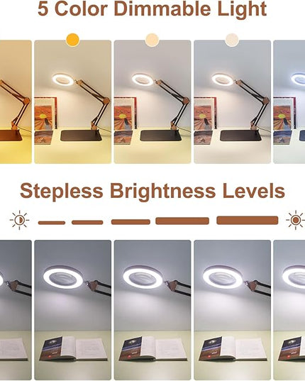 Magnifying Glass with Light, 5 Color Modes Stepless Dimmable 2-in-1 Desktop Lamp and Clamp, LED Lighted Magnifier with Light and Stand, Hands Free for Craft Repair Hobby Painting Close Work - LeafyLoom
