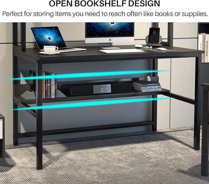 Aquzee Computer Desk with Hutch and Bookshelves, Large Leg Room 55 inch Width Black Desk with Space Saving Storage Shelves, Easy Assemble and All Hardware and Tools Included - LeafyLoom