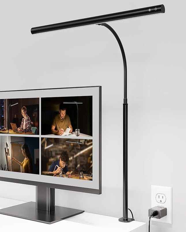 SUPERDANNY Desk Lamp for Home Office, Eye-Caring Desk Light with Adjustable Gooseneck, 12W Touch Control Dimmable Brightness, Architect Clamp Lamp for Computer Monitor - LeafyLoom