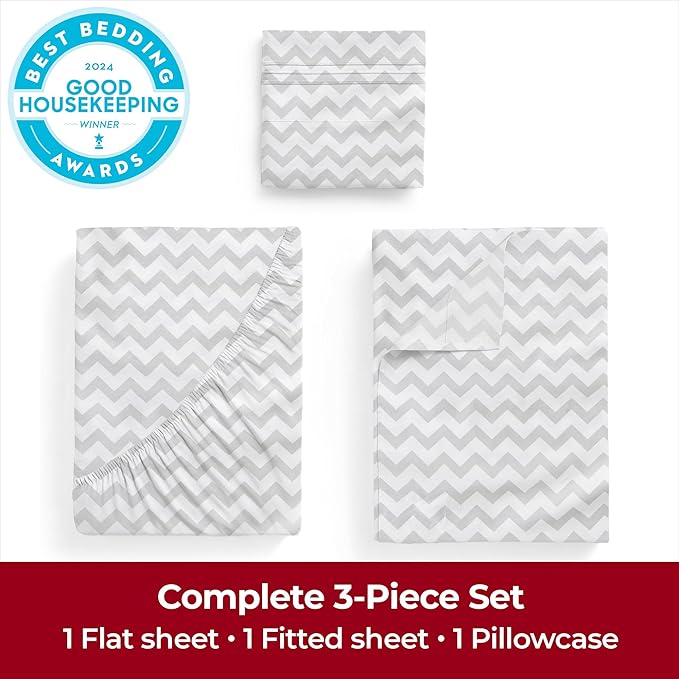 Mellanni Twin Sheets Set - 3 PC Iconic Collection Bedding Sheets & Pillowcases - Hotel Luxury, Extra Soft, Cooling Bed Sheets - Deep Pocket up to 16 inch (Twin, Chevron Gray) - LeafyLoom
