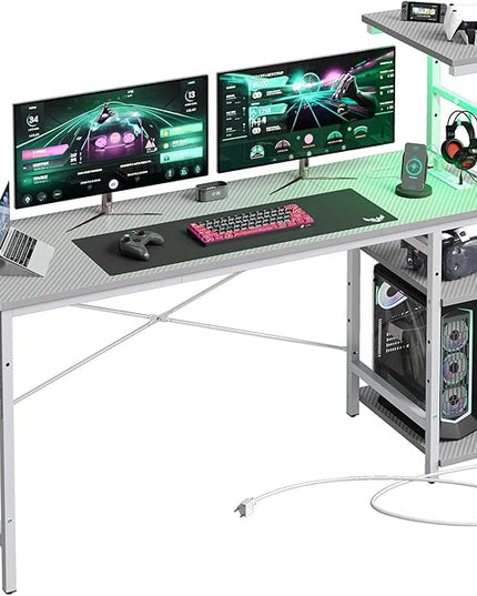 Bestier Gaming Desk with Power Outlets, 61 Inch Large Led Gamer Desk with 4 Tiers Reversible Shelves, PC Gaming Table with Headset Hook & Side Storage Bag for Bedroom (Grey 3D Carbon Fiber) - LeafyLoom