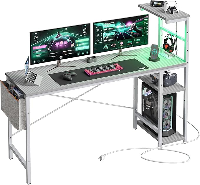 Bestier Gaming Desk with Power Outlets, 61 Inch Large Led Gamer Desk with 4 Tiers Reversible Shelves, PC Gaming Table with Headset Hook & Side Storage Bag for Bedroom (Grey 3D Carbon Fiber) - LeafyLoom