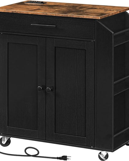 HOOBRO Kitchen Island with Power Outlet, Kitchen Storage Island with Spice Rack and Drawer, Rolling Kitchen Cart on Wheels, for Home, Kitchen and Dining Room, Rustic Brown and Black BF82UZD01G1 - LeafyLoom