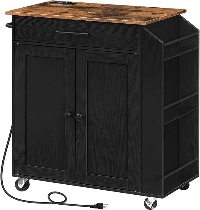 HOOBRO Kitchen Island with Power Outlet, Kitchen Storage Island with Spice Rack and Drawer, Rolling Kitchen Cart on Wheels, for Home, Kitchen and Dining Room, Rustic Brown and Black BF82UZD01G1 - LeafyLoom