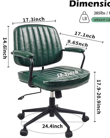 Arts Wish Mid Century Office Chair, Green Leather Desk Chair with Wheels and Arms, Adjustable Seat Height and Backrest, Suitable for Home or Office Use - LeafyLoom