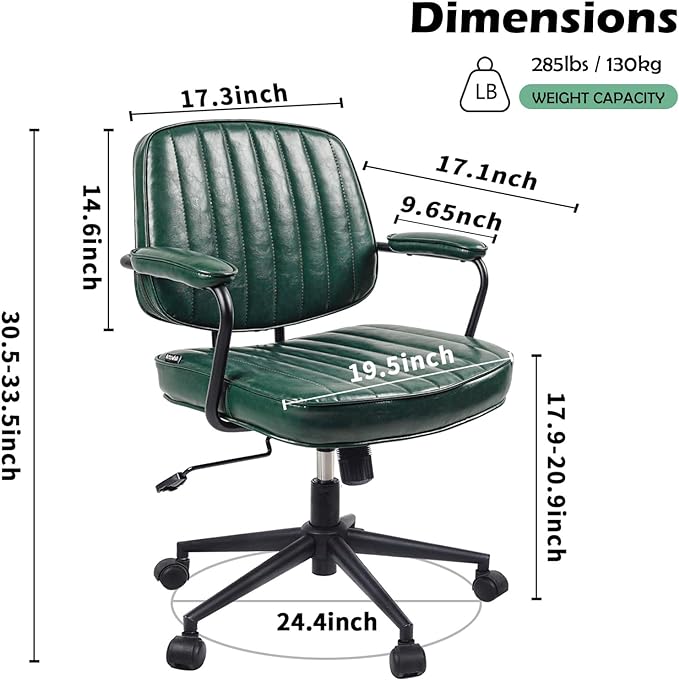 Arts Wish Mid Century Office Chair, Green Leather Desk Chair with Wheels and Arms, Adjustable Seat Height and Backrest, Suitable for Home or Office Use - LeafyLoom