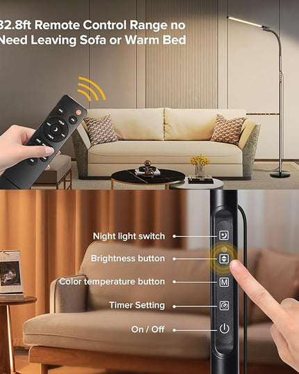 LED Floor Lamp, Floor Lamps for Living Room with Night Light & 5 Colors & 5 Brightness, Adjustable Gooseneck Floor Reading Lamp with Remote & Touch Control, Tall Standing Floor Lamp for Bedroom Office - LeafyLoom