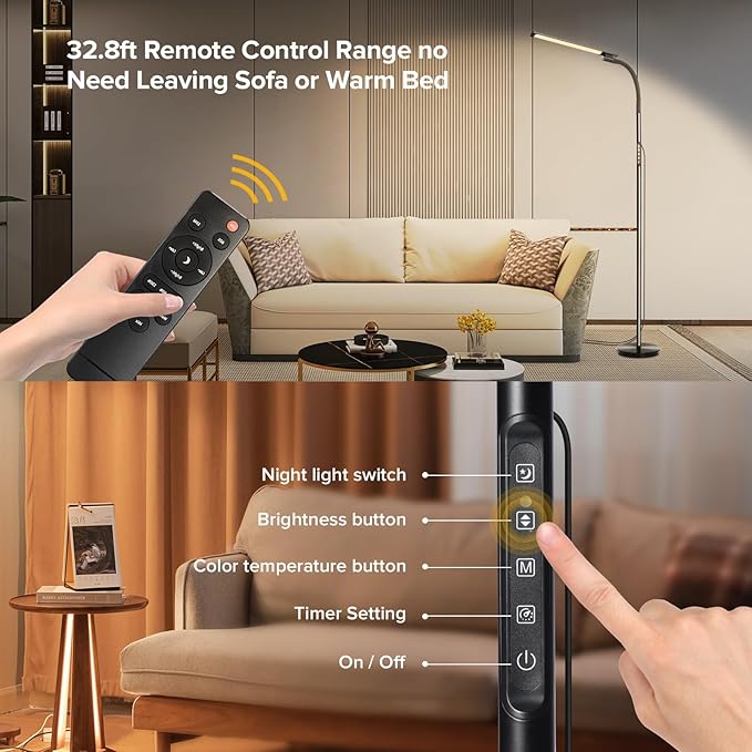 LED Floor Lamp, Floor Lamps for Living Room with Night Light & 5 Colors & 5 Brightness, Adjustable Gooseneck Floor Reading Lamp with Remote & Touch Control, Tall Standing Floor Lamp for Bedroom Office - LeafyLoom