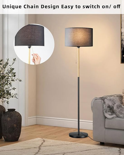 Modern Floor Lamp for Living Room Traditional Farmhouse Floor Lamps Mid-Century Pole Lamp with Linen Lamp Shade, Standing Tall Floor Lamps for Bedrooms and Office (Black) - LeafyLoom