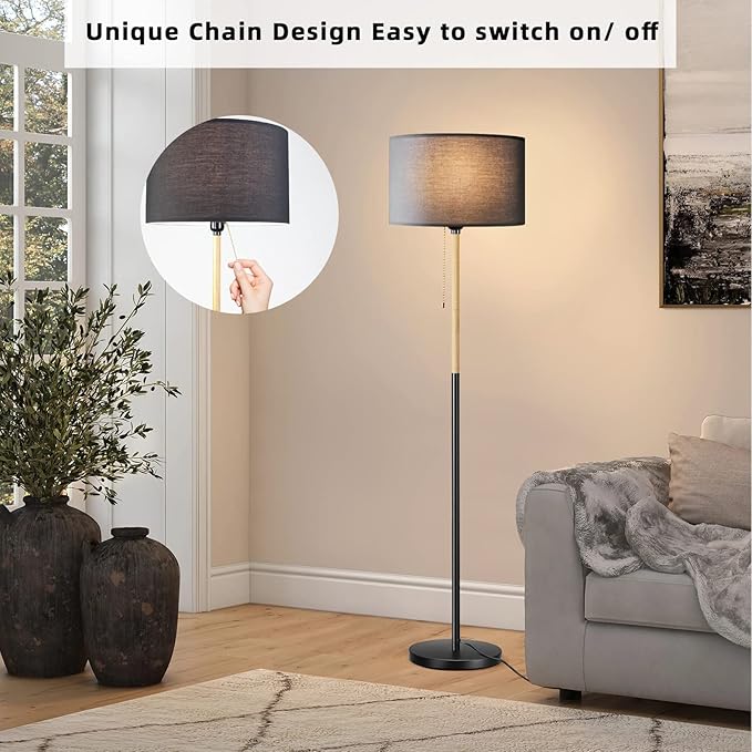 Modern Floor Lamp for Living Room Traditional Farmhouse Floor Lamps Mid-Century Pole Lamp with Linen Lamp Shade, Standing Tall Floor Lamps for Bedrooms and Office (Black) - LeafyLoom
