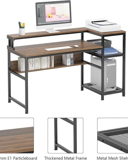 soges 62 Inch Computer Desk with Elevated Monitor Shelf, Home Office Desk with Storage Shelves, CPU Stand, Study Writing Table Workstation with Printer Stand - LeafyLoom