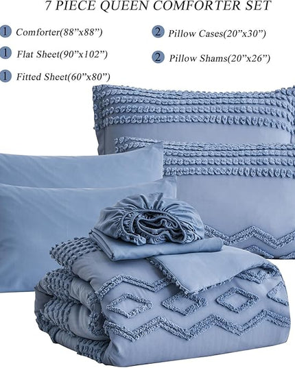 KAKIJUMN Blue Tufted 7-Piece Queen Comforter Set, Shabby Chic Boho Comforter and Sheet Set, All Season Soft Microfiber Complete Bedding Set - LeafyLoom
