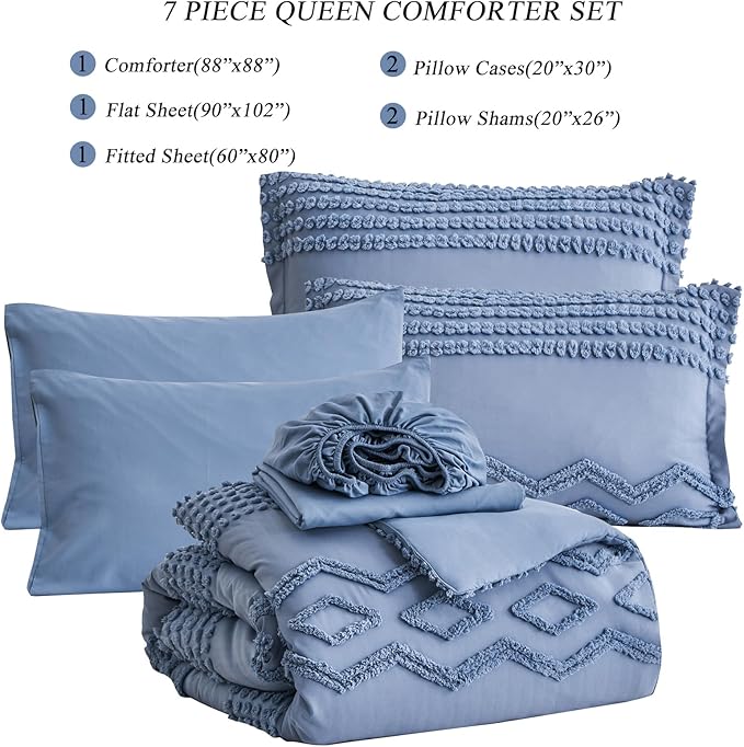 KAKIJUMN Blue Tufted 7-Piece Queen Comforter Set, Shabby Chic Boho Comforter and Sheet Set, All Season Soft Microfiber Complete Bedding Set - LeafyLoom
