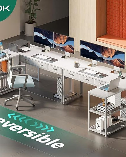 AODK 53 Inch L Shaped Computer Desk with Drawers, Corner Desk with Power Outlets & Reversible Storage Shelves, Movable CPU Stand for Home Office Gaming, White - LeafyLoom