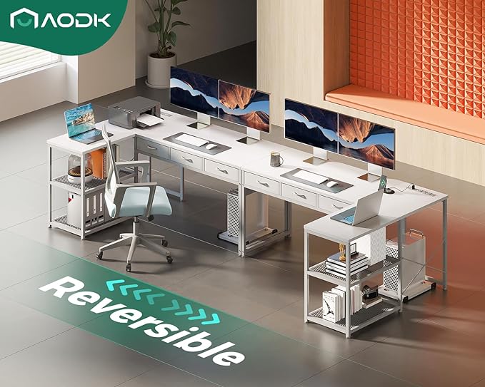 AODK 53 Inch L Shaped Computer Desk with Drawers, Corner Desk with Power Outlets & Reversible Storage Shelves, Movable CPU Stand for Home Office Gaming, White - LeafyLoom