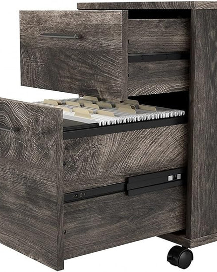 Bush Furniture Key West 60W L Shaped Desk with 2 Drawer Mobile File Cabinet in Dark Gray Hickory - LeafyLoom