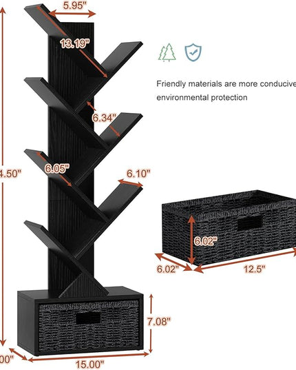 Vagusicc 6 Tier Tree Bookshelf, Modern Floor Standing Bookcase with Storage Drawer, Tall Wood Book Storage Rack for CDs/Books, Utility Book Organizer Shelves for Bedroom/Living Room/Home Office/Corner - LeafyLoom