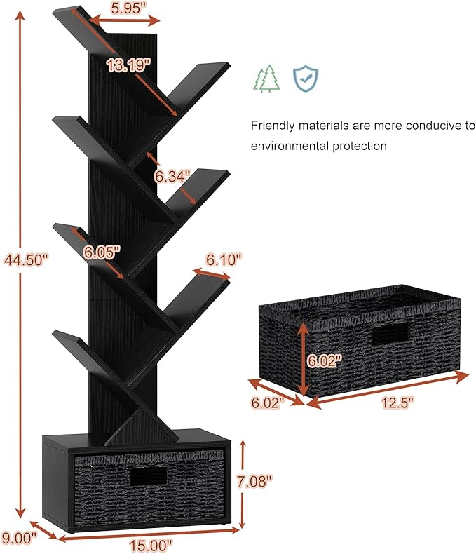 Vagusicc 6 Tier Tree Bookshelf, Modern Floor Standing Bookcase with Storage Drawer, Tall Wood Book Storage Rack for CDs/Books, Utility Book Organizer Shelves for Bedroom/Living Room/Home Office/Corner - LeafyLoom